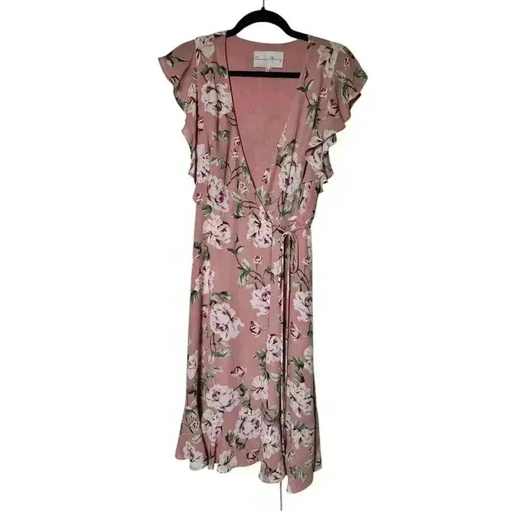 Charles Henry Floral Wrap‎ Dress Size Small Pink Lined Short Flutter Sleeves